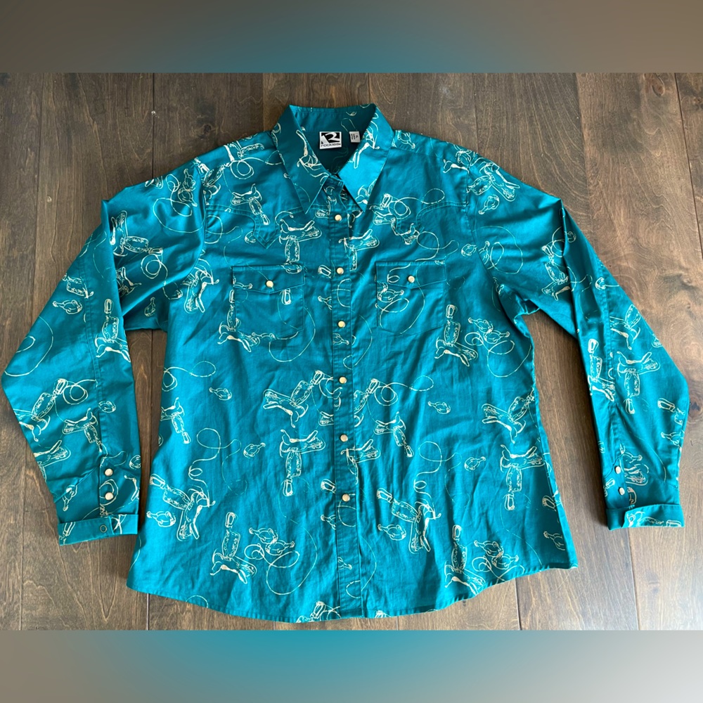 VINTAGE ROCKIES PEARL SNAP BUTTON DOWN WESTERN SHIRT. SIZE XL
